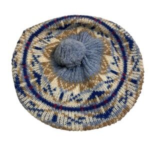 Vintage Fair Isle Knit Beret Hat with Pom Pom Blue Kids